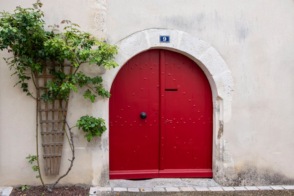Vibrant red entrance door marked with number 9 representing the starting point of health